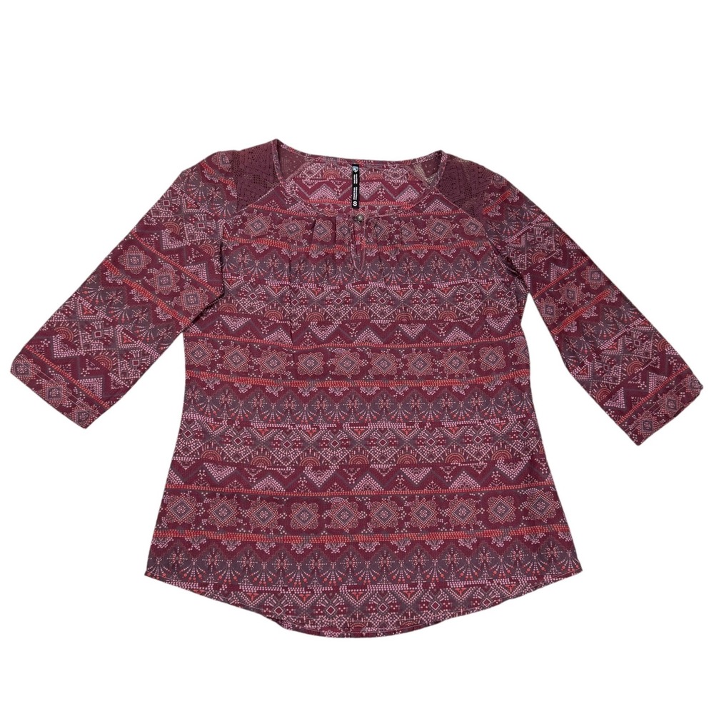 Kuhl Womens 3/4 Sleeve Geometric Print Blouse Burgundy Cotton Silk Lace Small